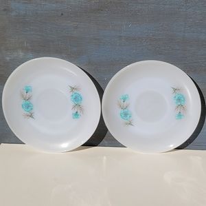 Set of 2 Fire King Anchor Hocking Blue Flower Milk Glass Saucer Vintage 40s-50s